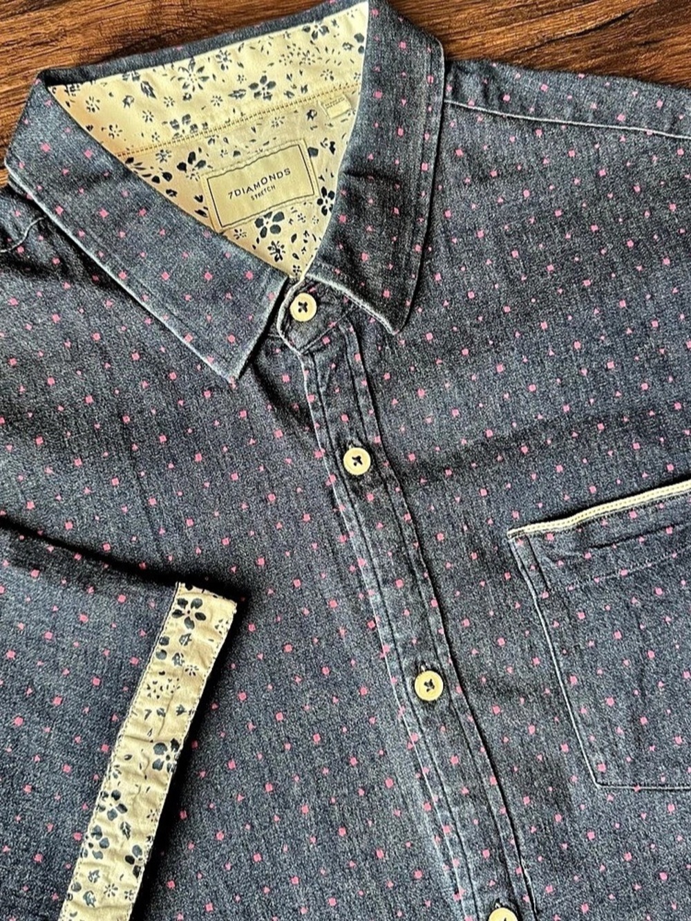 7 Diamonds Shirt Mens Blue Audio Tree Denim Stretch Short Sleeve Button Up Large